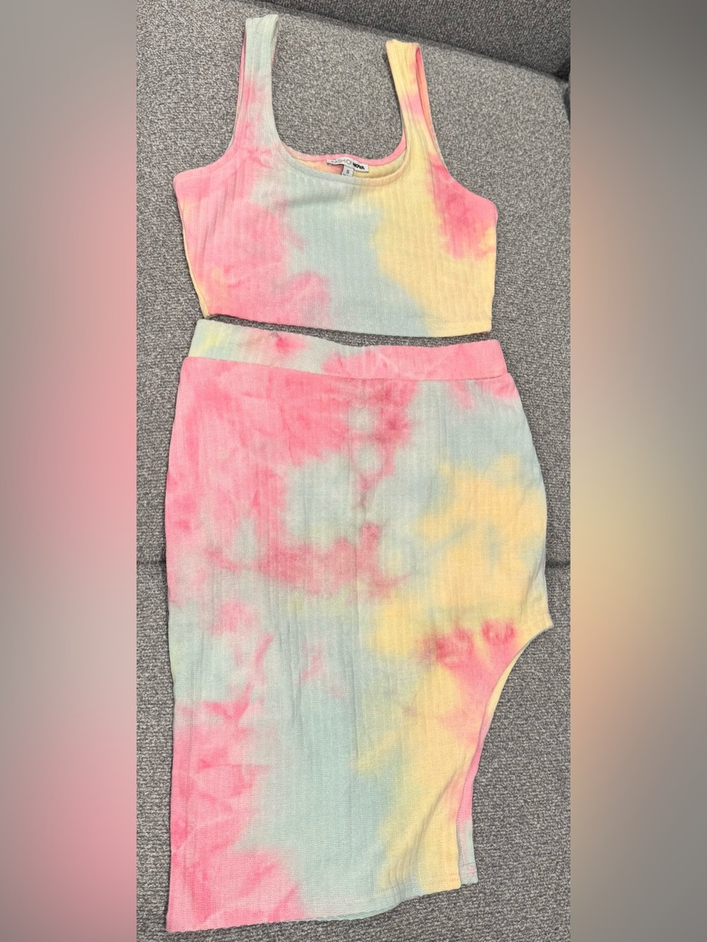 Fashion Nova Girls Tie-Dye Ribbed Skirt and Top - Pink, Yellow & Blue
